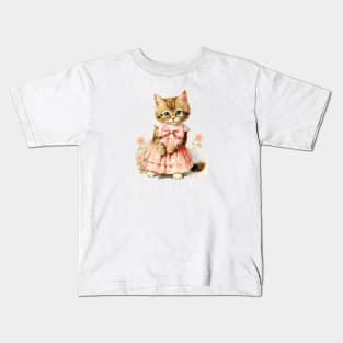 Pretty Kitty Vintage Cat Pink Bow Kids T-Shirt